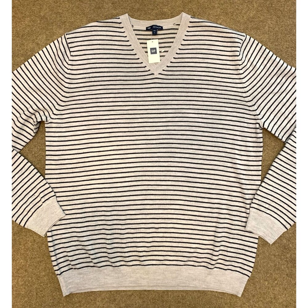 Gap Sweater Mens L Long Sleeve V-Neck Merino Wool Navy Striped Preppy Pullover